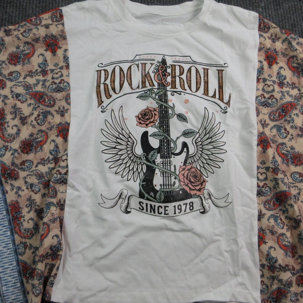 Rock & Roll Shirt Womens L White Kimono Long Sleeve Paisley Reworked Graphic Tee - Picture 3 of 9